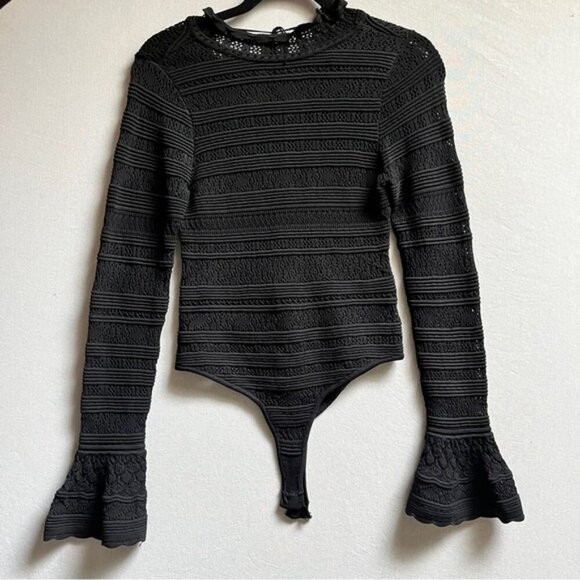Olivaceous Womens Black Long Sleeve Knitted Lace Bodysuit Sz S - Picture 1 of 9
